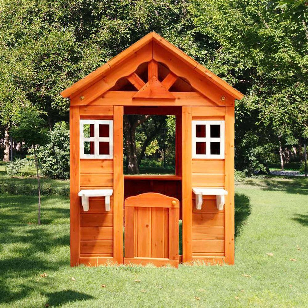 Golden Outdoor Wood Playhouse with 2-Windows and Flowerpot Holder BF1663C496