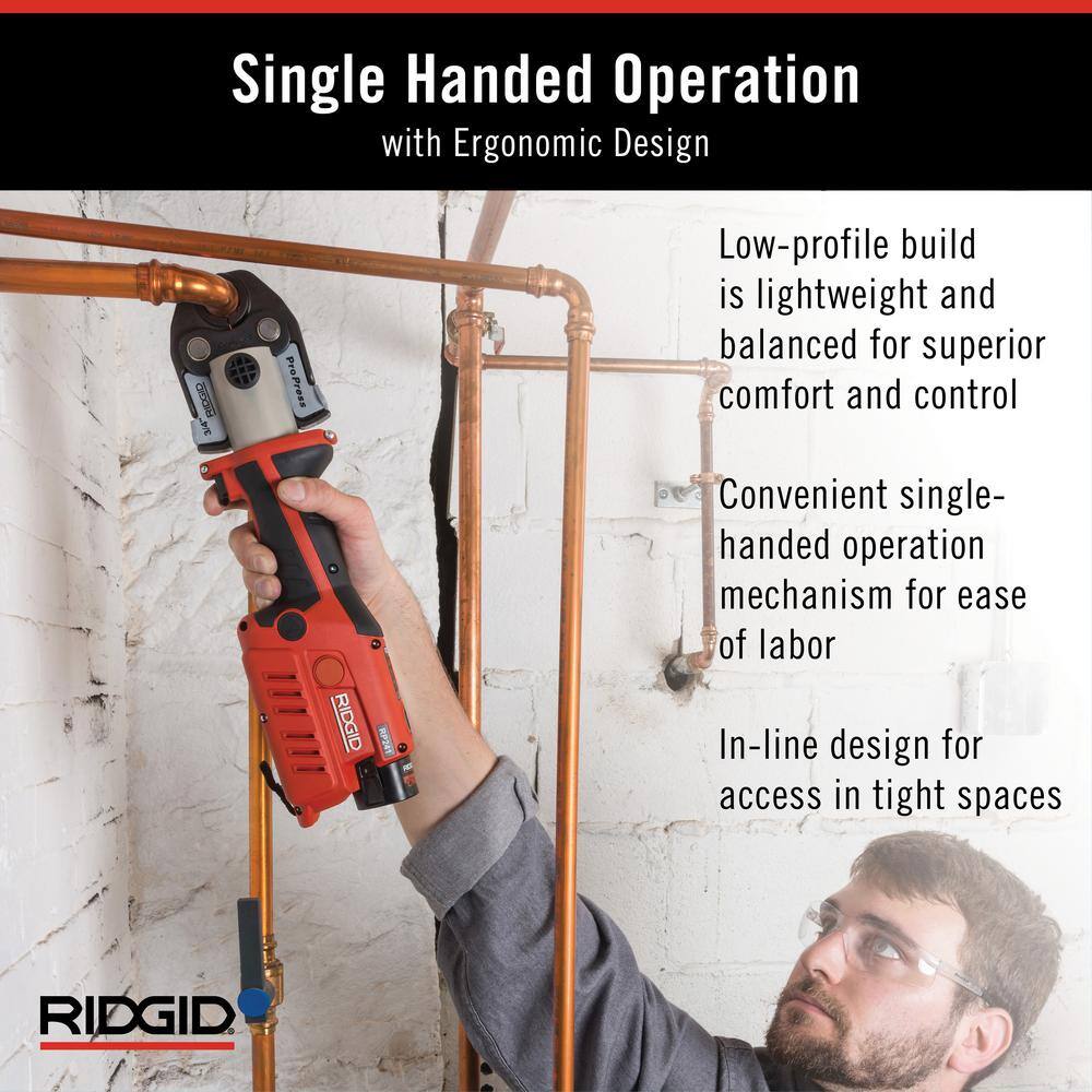 RIDGID RP 241 Compact Inline Press Tool Kit Includes 4 ProPress Jaws (12 34 1 1-14 in.) 2-12V Batteries Charger + Case 57363