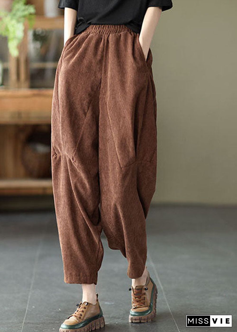 Chocolate Corduroy harem Pants elastic waist Spring