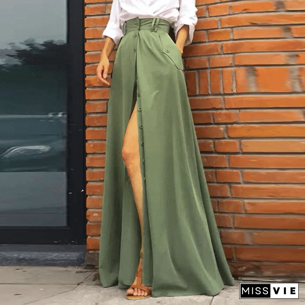 Women Umbrella Long Skirt A Line Dress Buttons High Waist Pleated Casual Loose Maxi Skirts Plus Size