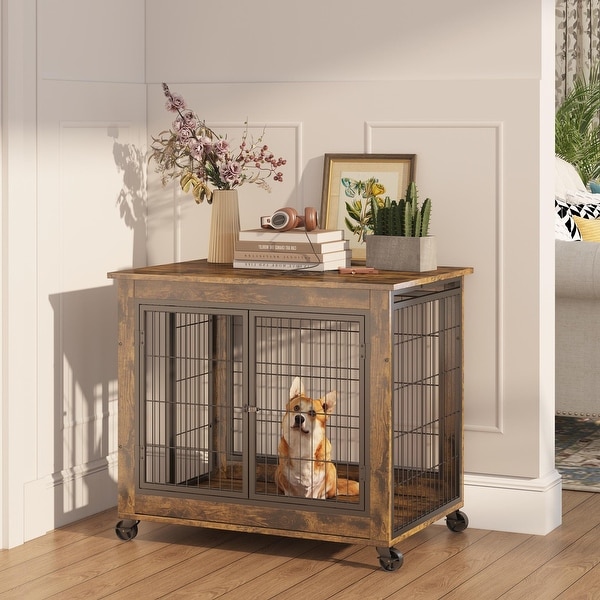 End Table Dog Cage with Double Doors on Casters