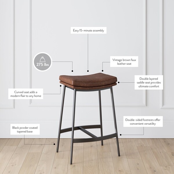 Nathan James Arlo Modern Backless Upholstered Kitchen Counter Bar Stool with Saddle Seat and Metal Base