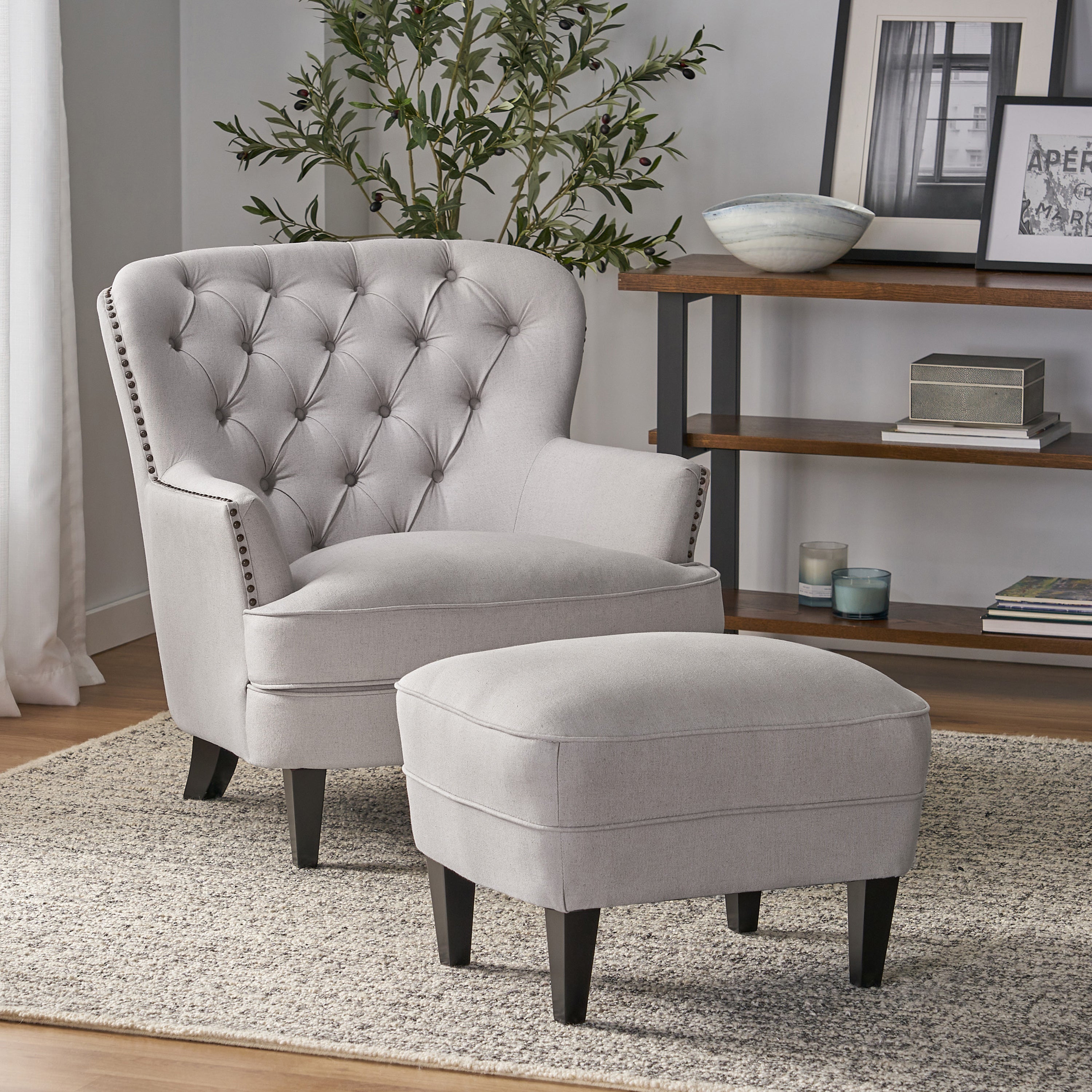 Teton Button Tufted Upholstered Club Chair With Footstool