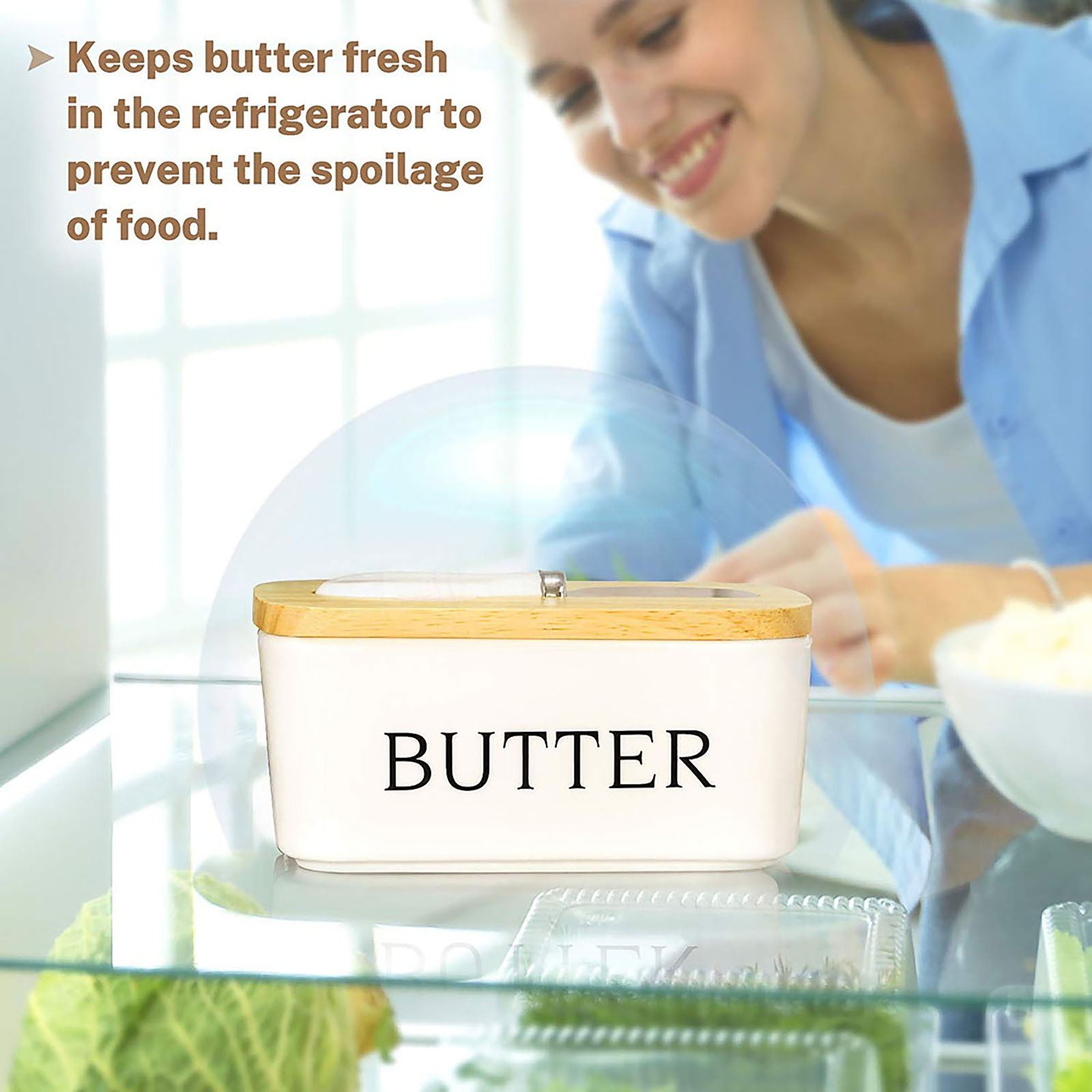 Butter Dish with Knife - Airtight Butter Keeper Holds Up to 2 Sticks of Butter - Porcelain Container with Wooden Lid， White