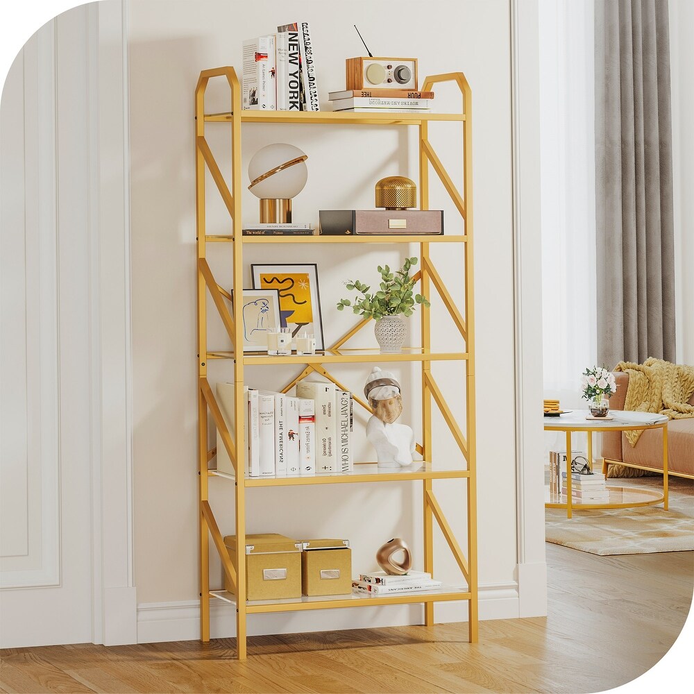 5 Tier Bookshelf 62 inch Tall Gold Metal and Glass Bookcase