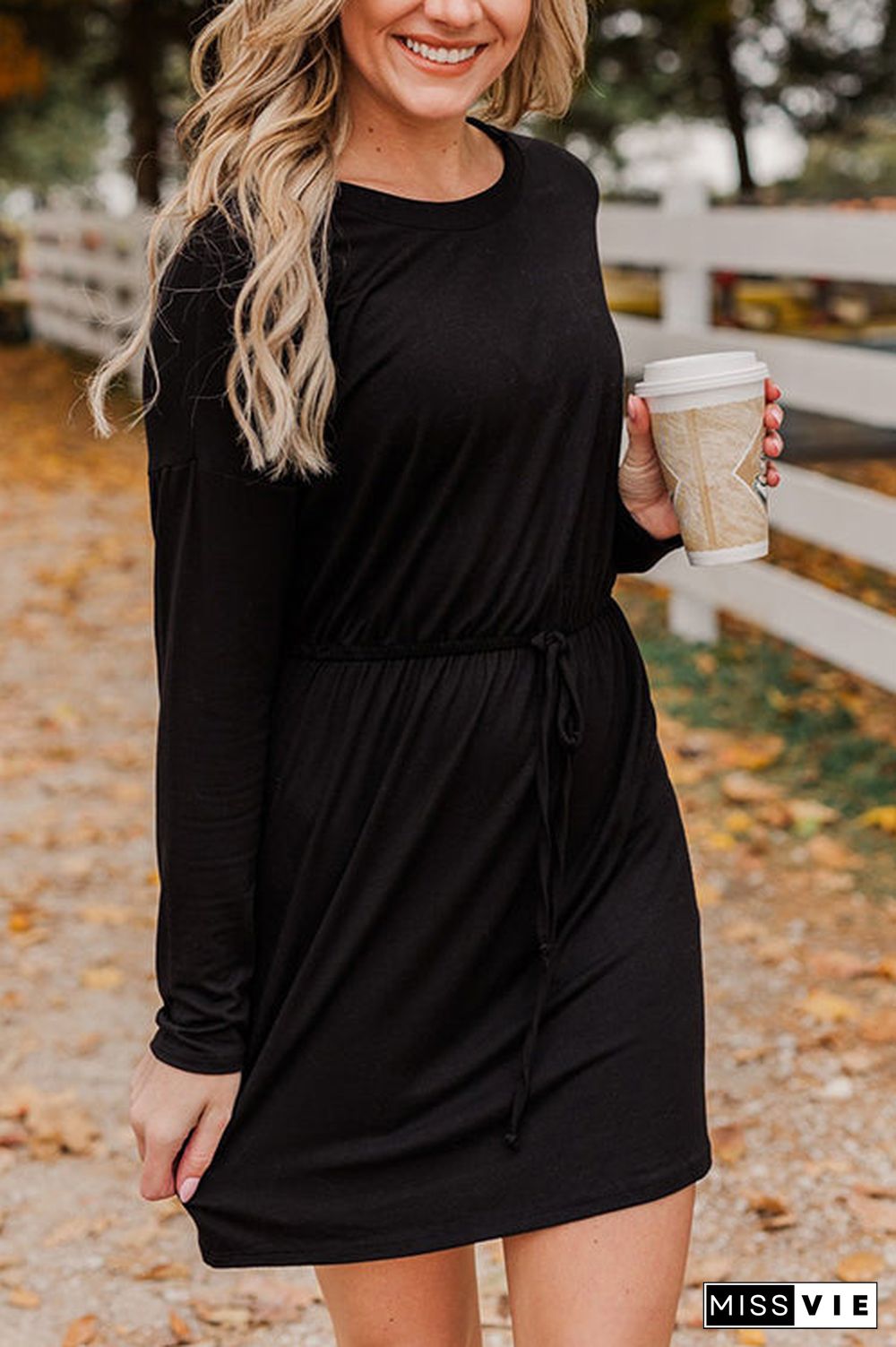 Drawstring O Neck Long Sleeve Swing Dress