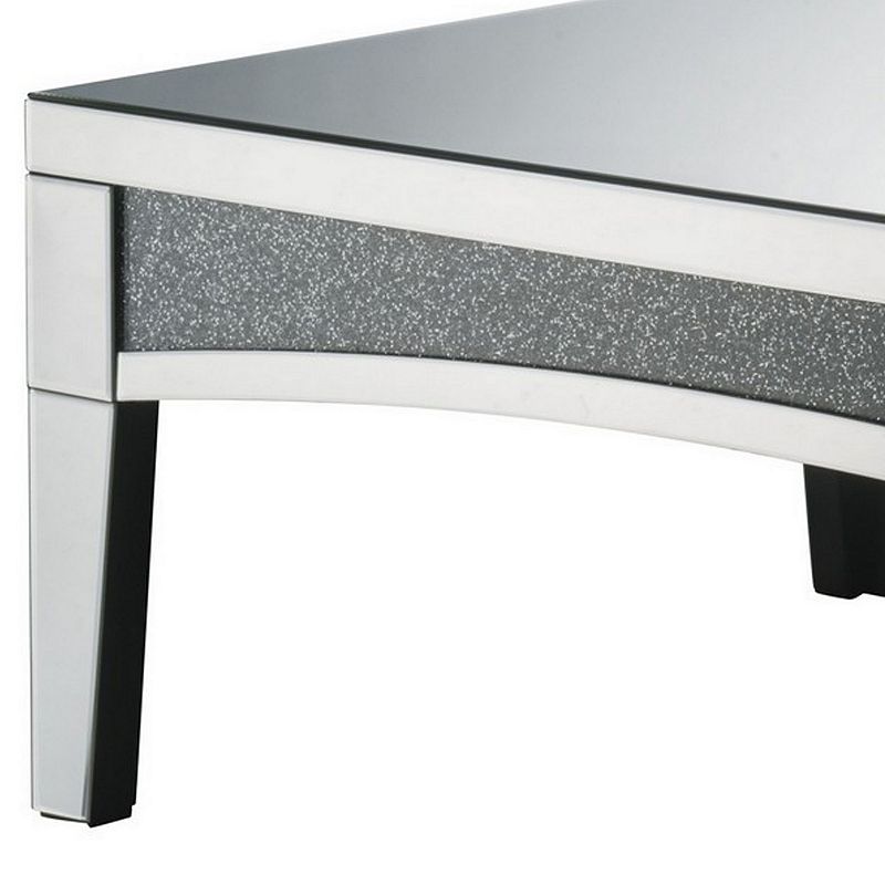 Coffee Table with Mirror Trim and Faux Stone Inlays， Silver