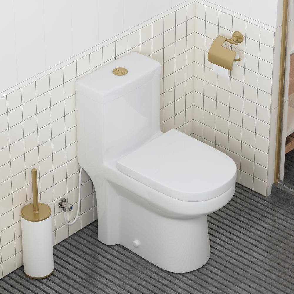 HOROW 1-piece 0.81.28 GPF High Efficiency Dual Flush Round Toilet in. White with Seat Included and Brushed Gold Button HR-0033SG