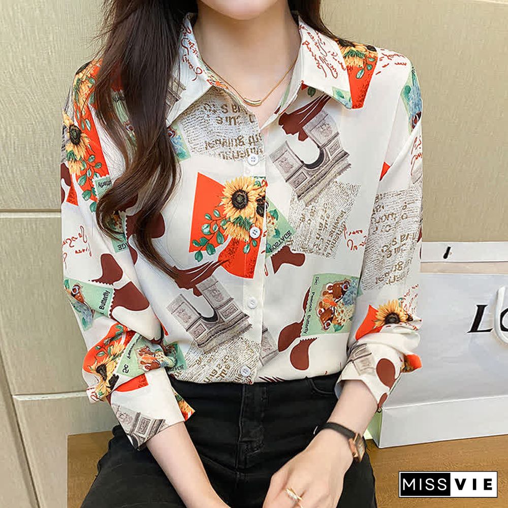 Vintage Floral Letter Print Long Sleeve Chiffon Shirt Workwear