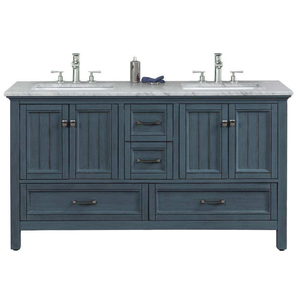 Eviva Britney 60 in. W x 22 in. D x 34 in. H Double Bath Vanity in Ash Blue with White Carrara Marble Top with White Sinks EVVN612-60AB