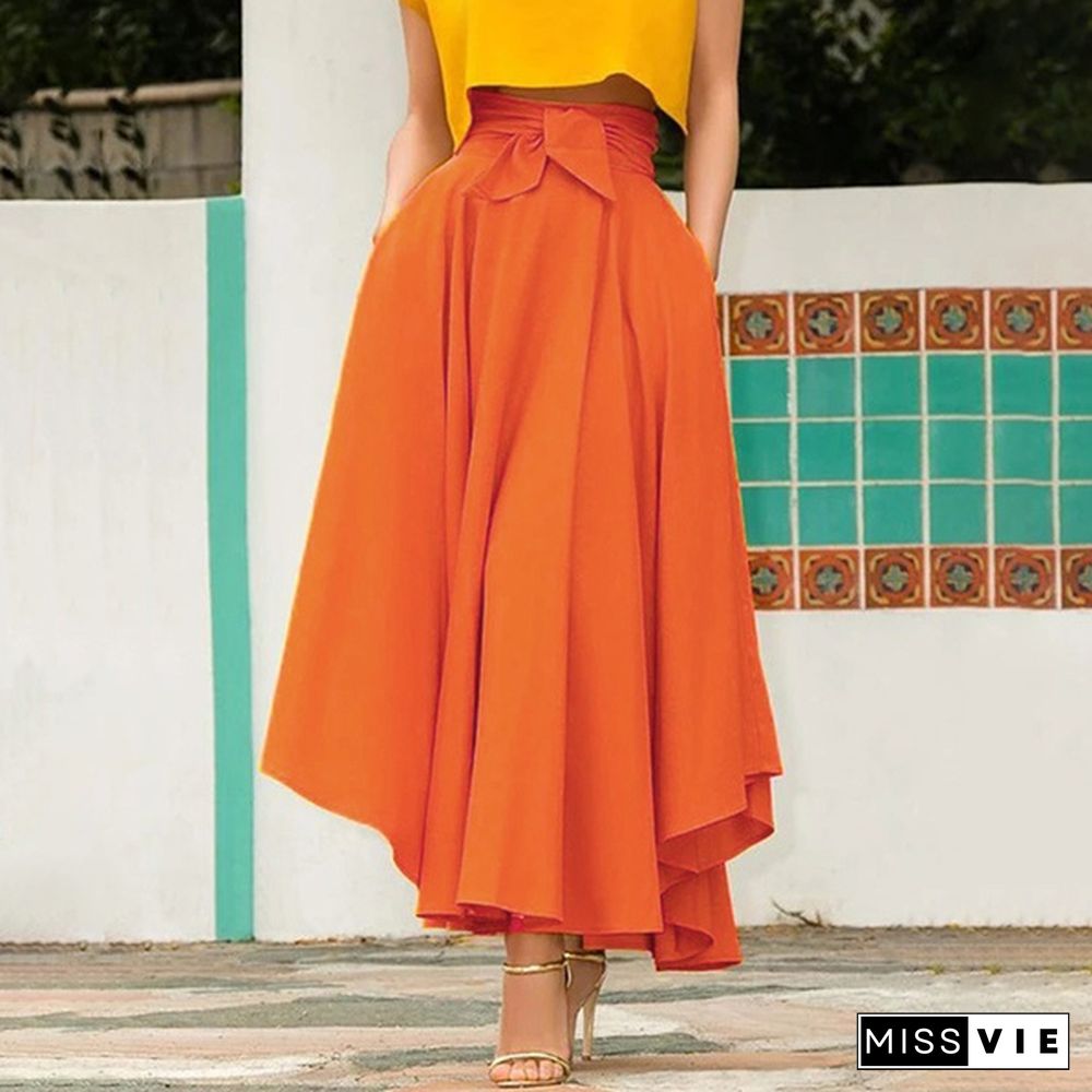 Women Summer High Waist Solid Color Swing Dress Plus Size Long Skirts