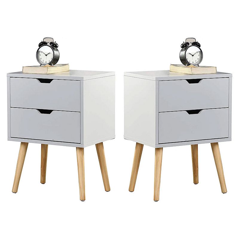 Sweetgo Modern Wooden Nightstand Table with 2 Storage Drawers， White， Set of 2