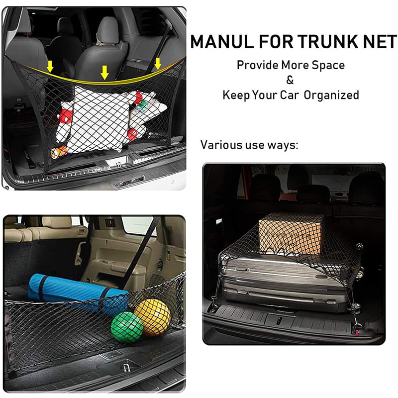 Universal Trunk Cargo Net， Rear Cargo Net Stretchable， Storage Mesh Double-Layer with Hooks， Trunk Cargo Organizer Compatible for SUV， Jeep， Truck