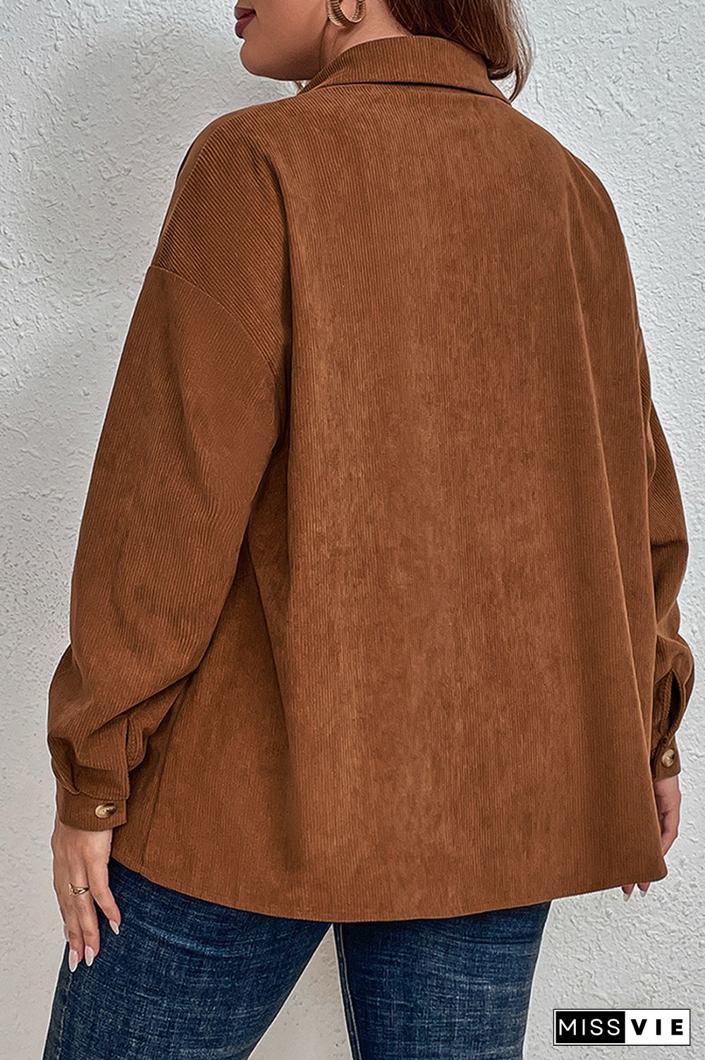 Brown Corduroy Open Button Plus Size Shirt