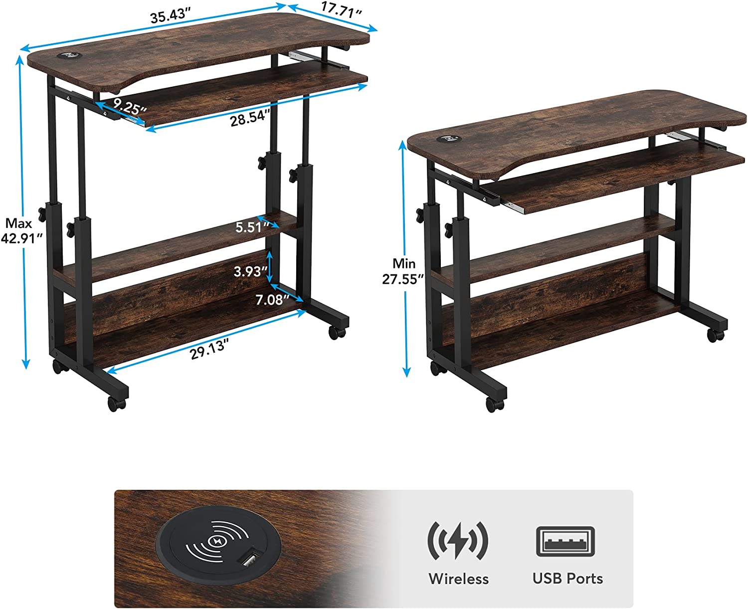 Height Adjustable Desk, Mobile Portable Desk with Wireless Charging Station