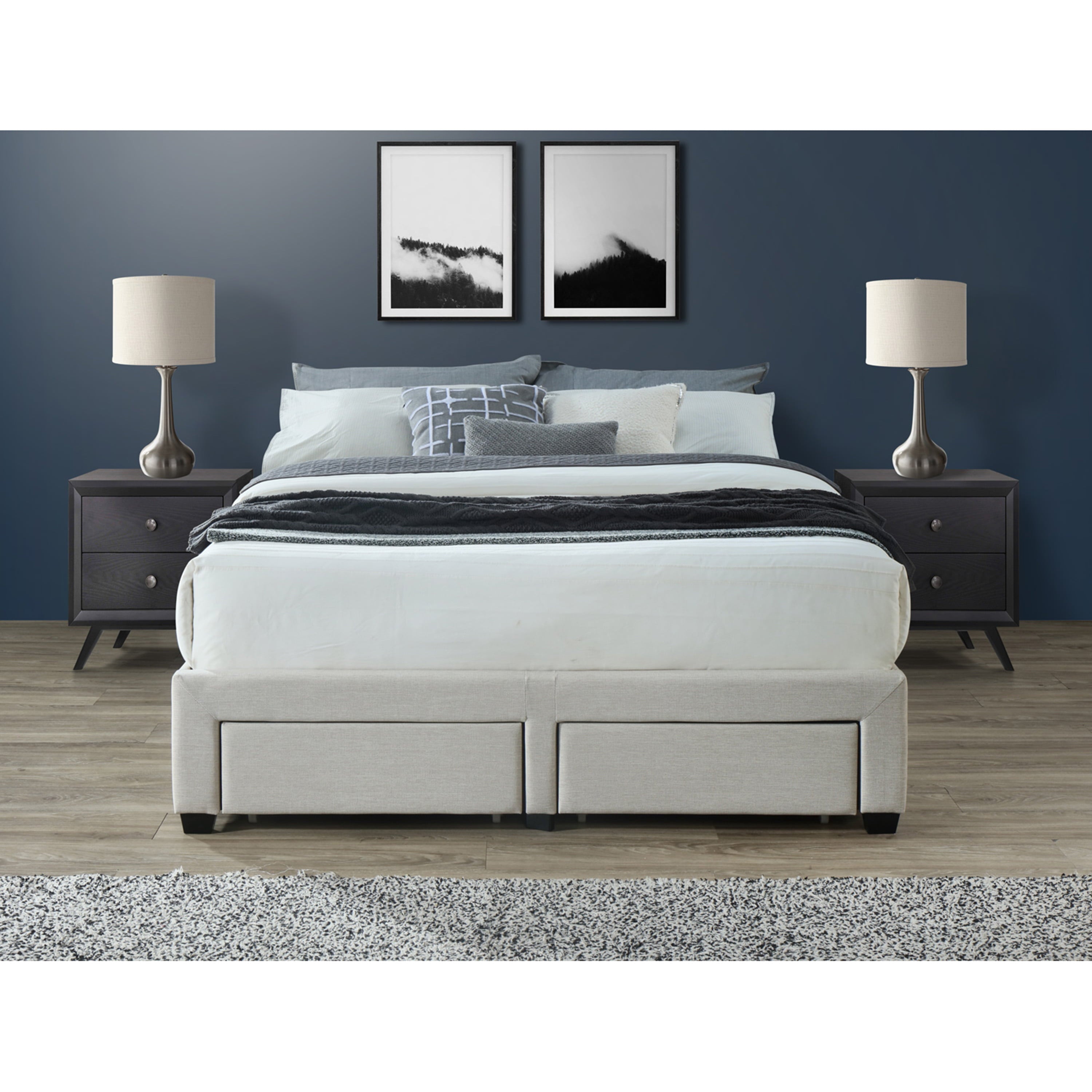 DG Casa Cosmo Upholstered Platform Bed Frame Base with Storage Drawers, Queen Size in Beige Linen Style Fabric