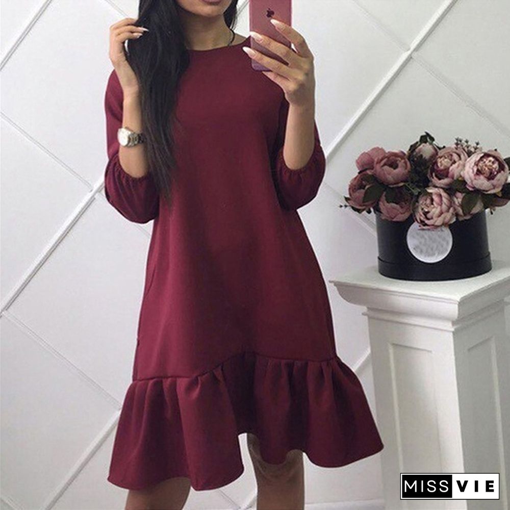 Fashion Women Spring Autumn Knitted Ruffles Pullover Dresses O-Neck Long Sleeve Dress