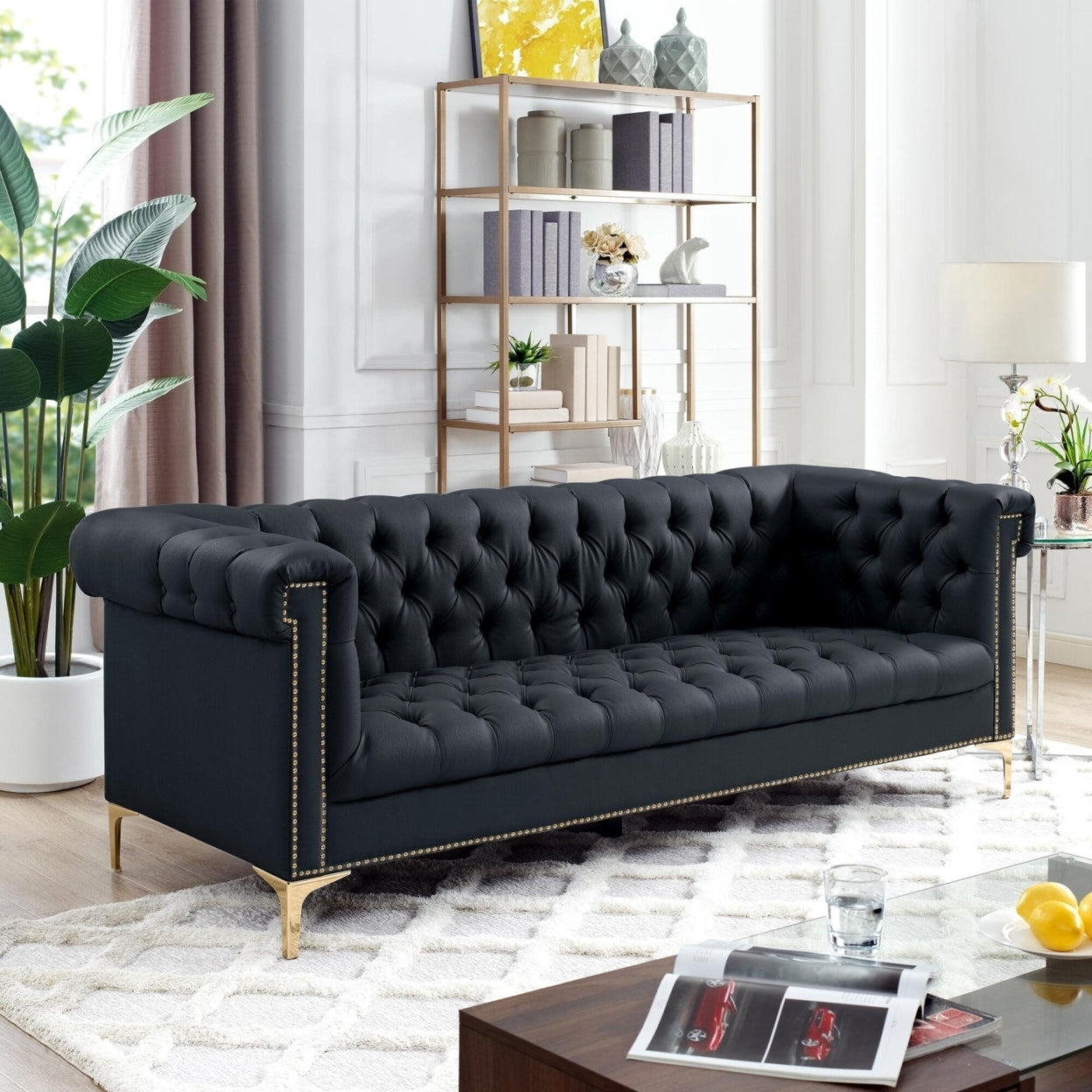 Steffi Leather Chesterfield Sofa-Silver Metal Legs-Button Tufted-Nailhead Trim-Modern-Livingroom-Inspired Home