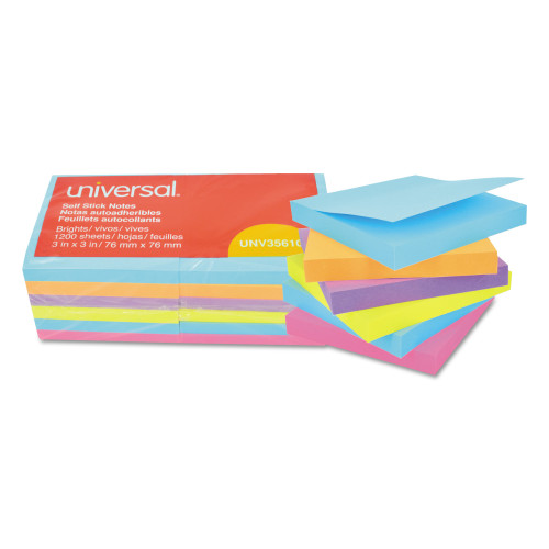 Universal Self-Stick Note Pads， 3 x 3， Assorted Bright Colors， 100-Sheet， 12/PK (35610)