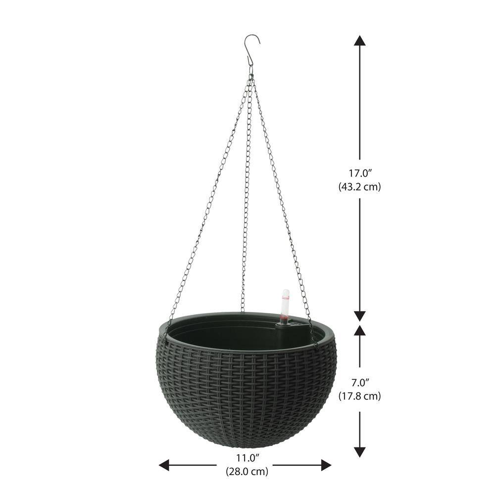 Algreen Wicker 10 in. Hanging Basket Planter Self-Watering Plastic Rattan Black (2-Pack) 14327