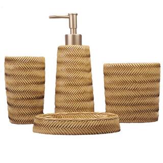 Dracelo 4-Piece Bathroom Accessory Set with Toothbrush Cup Soap Dispenser Tumbler in Bamboo B09T9J2FDG