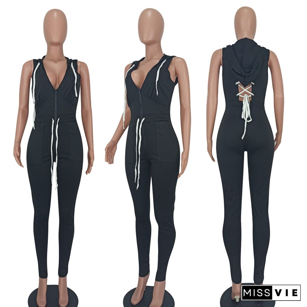 Fashion Strappy V-neck Hooded Jumpsuit