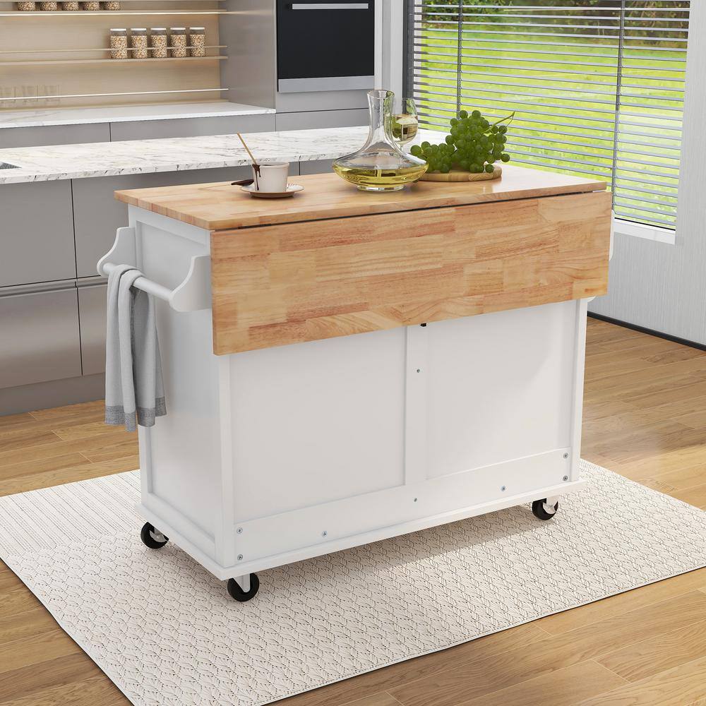 White Wooden 52.2 in. Mobile Kitchen Island Cart with Solid Wood Drop Leaf Countertop Sliding Barn Door and 2-Drawer ZT-SK000001AAW