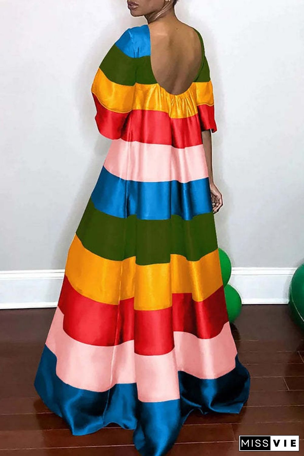 Green Casual Striped Patchwork O Neck A Line Dresses