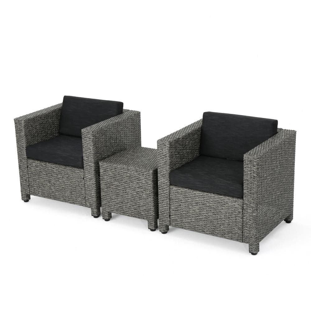 Noble House 3Piece Wicker Patio Conversation Set with Dark Gray Cushions