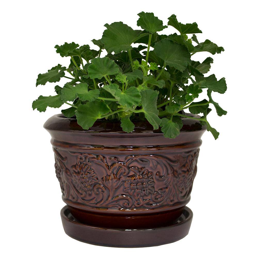 Trendspot 10 in. Dia Brown Rustic Damask Ceramic Planter LJ0108-10