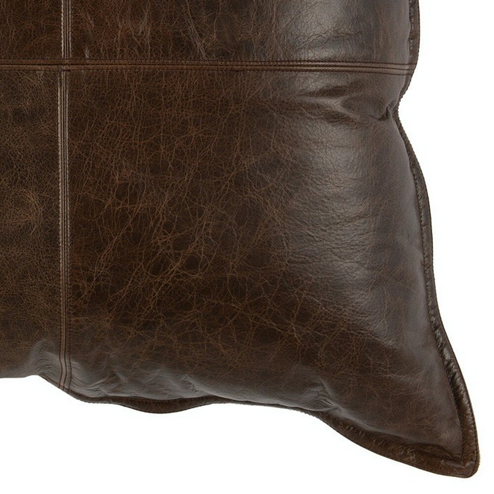 Square Leatherette Throw Pillow with Stitched Details  Dark Brown