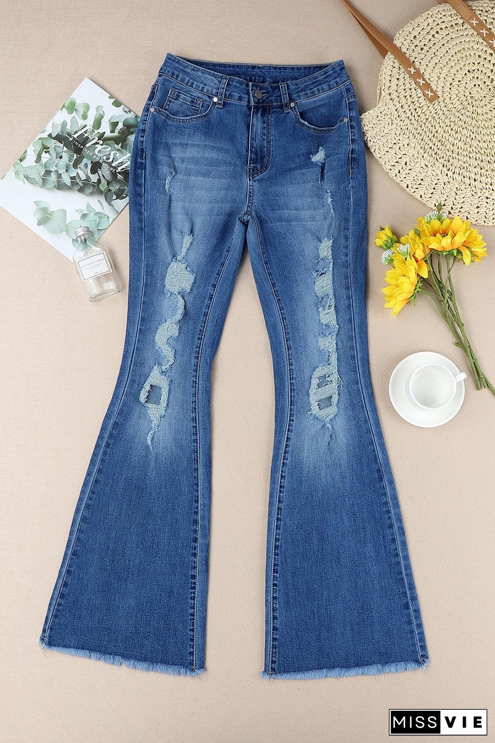 Sky Blue Distressed Raw Hem High Waist Flare Jeans