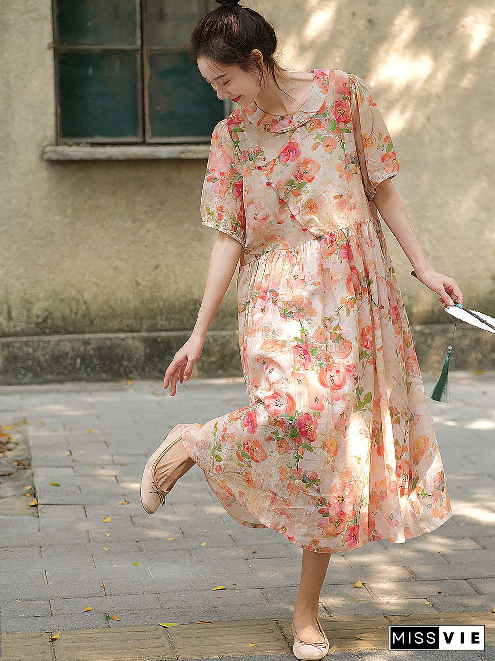 Plus Size Women Vintage Summer Floral Button Loose Ramie Dress