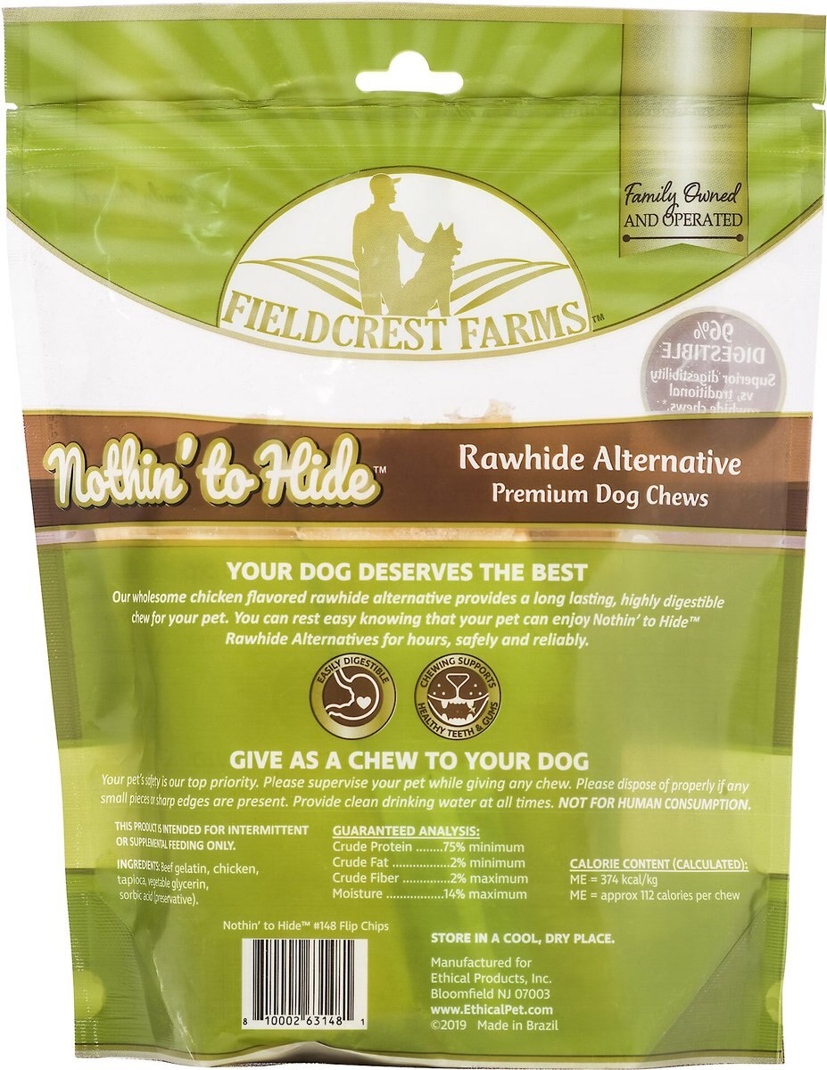 Fieldcrest Farms Nothin' To Hide Rawhide Alternative Premium Dog Chews Flip Chips Chicken Flavor Natural Chew Dog Treats， 8 count