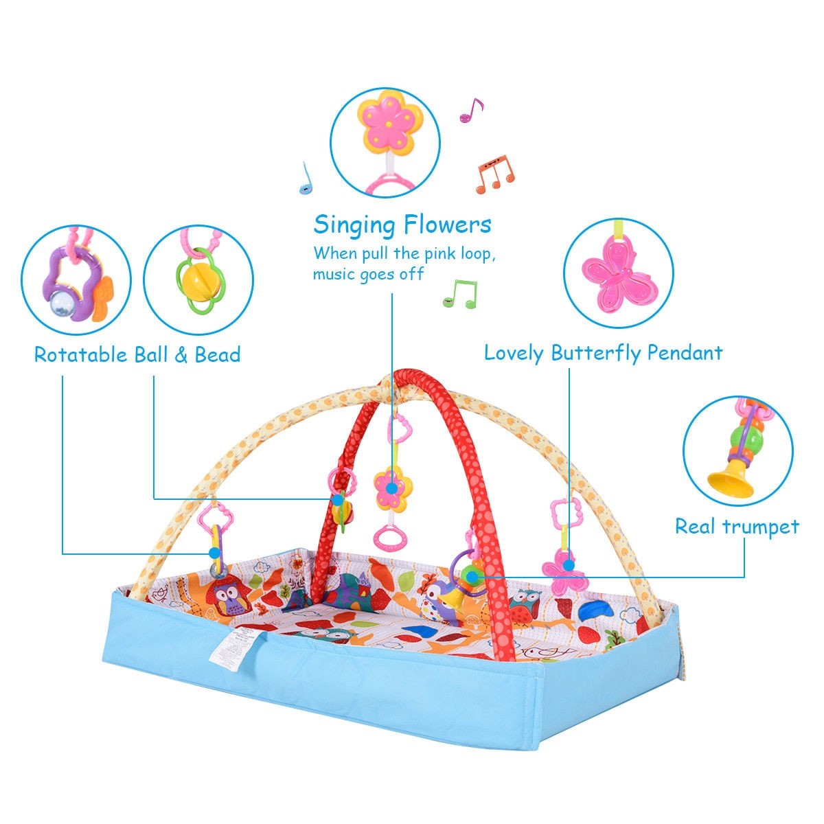 Baby Play Gym Mat, 3 in 1 Activity Mat with Removable Toys Bars & Walls