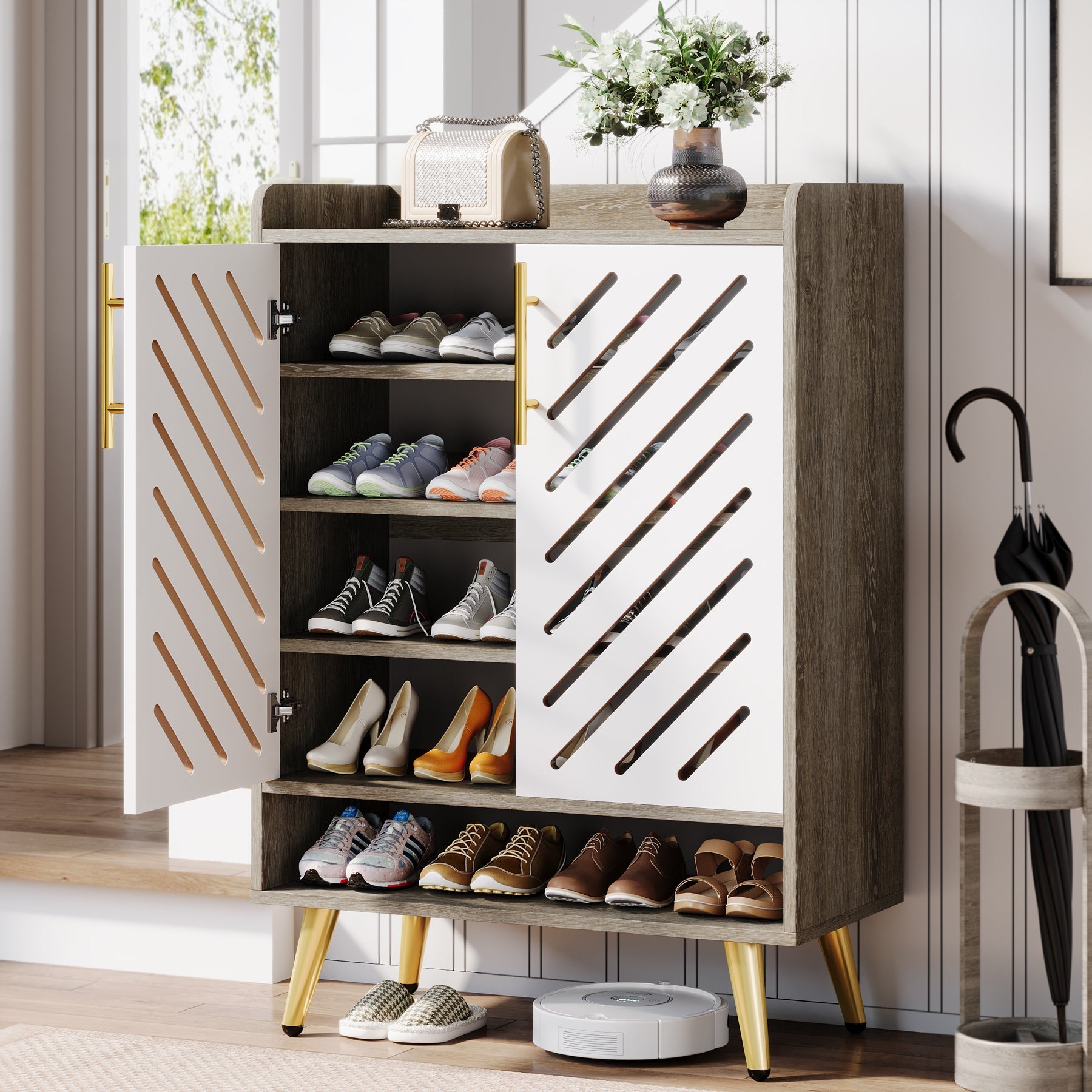 6-Tier Shoe Cabinet, Wooden Shoe Rack Organizer with Adjustable Shelves