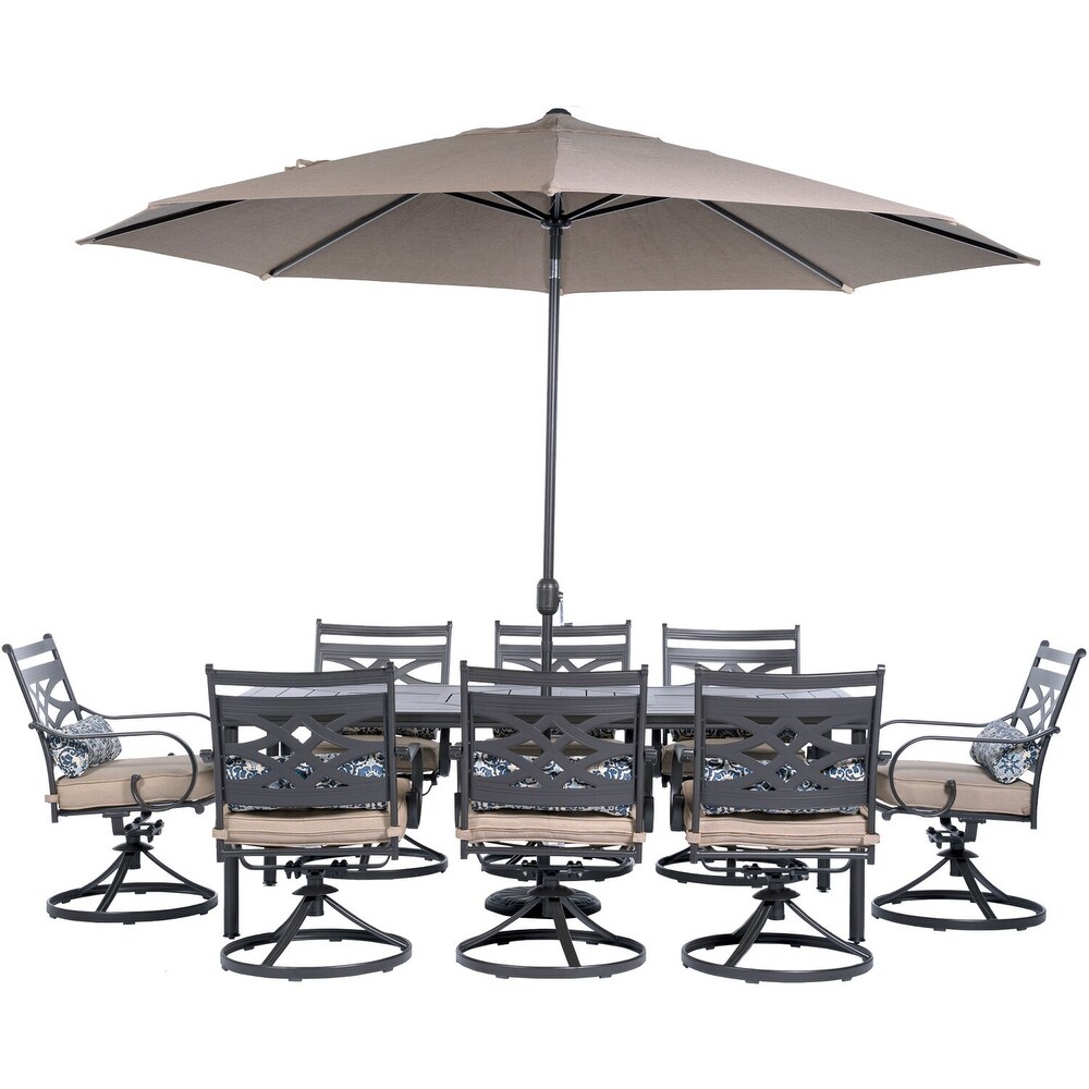 Hanover Montclair 9 Piece Dining Set in Tan with 8 Swivel Rockers  42 In. x 84 In. Table  11 Ft. Umbrella and Umbrella Stand