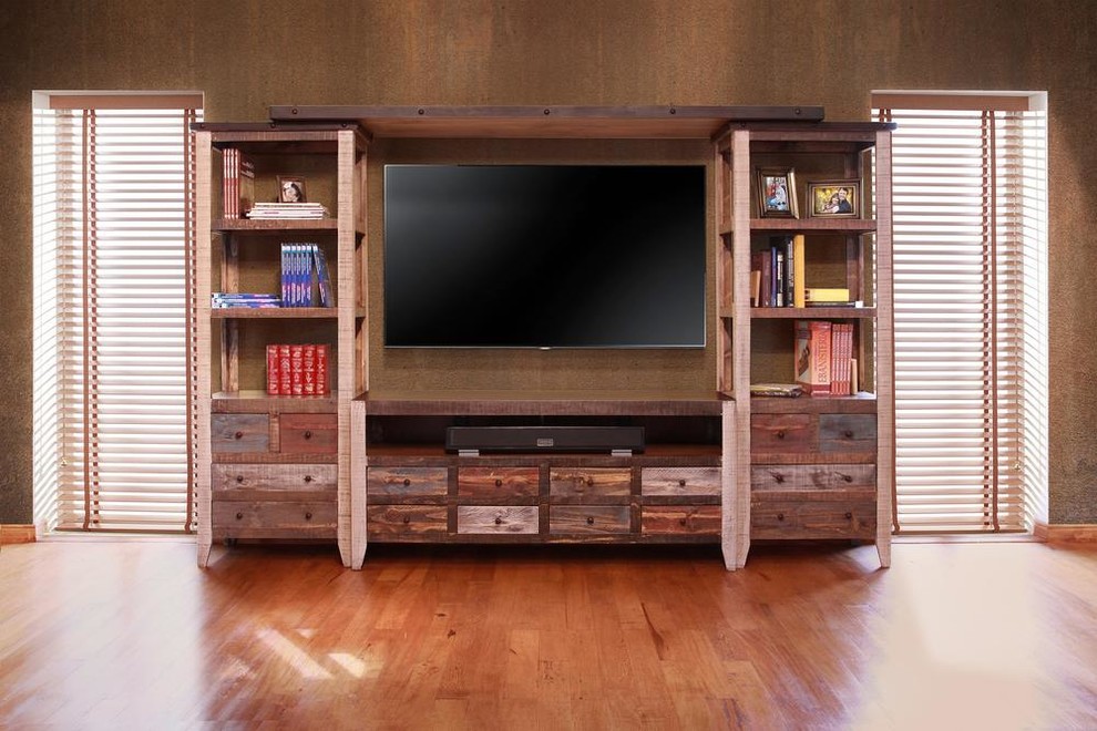 Bayshore Rustic Solid Wood Media Wall Unit  Multi Color   Rustic   Entertainment Centers And Tv Stands   by Crafters and Weavers  Houzz