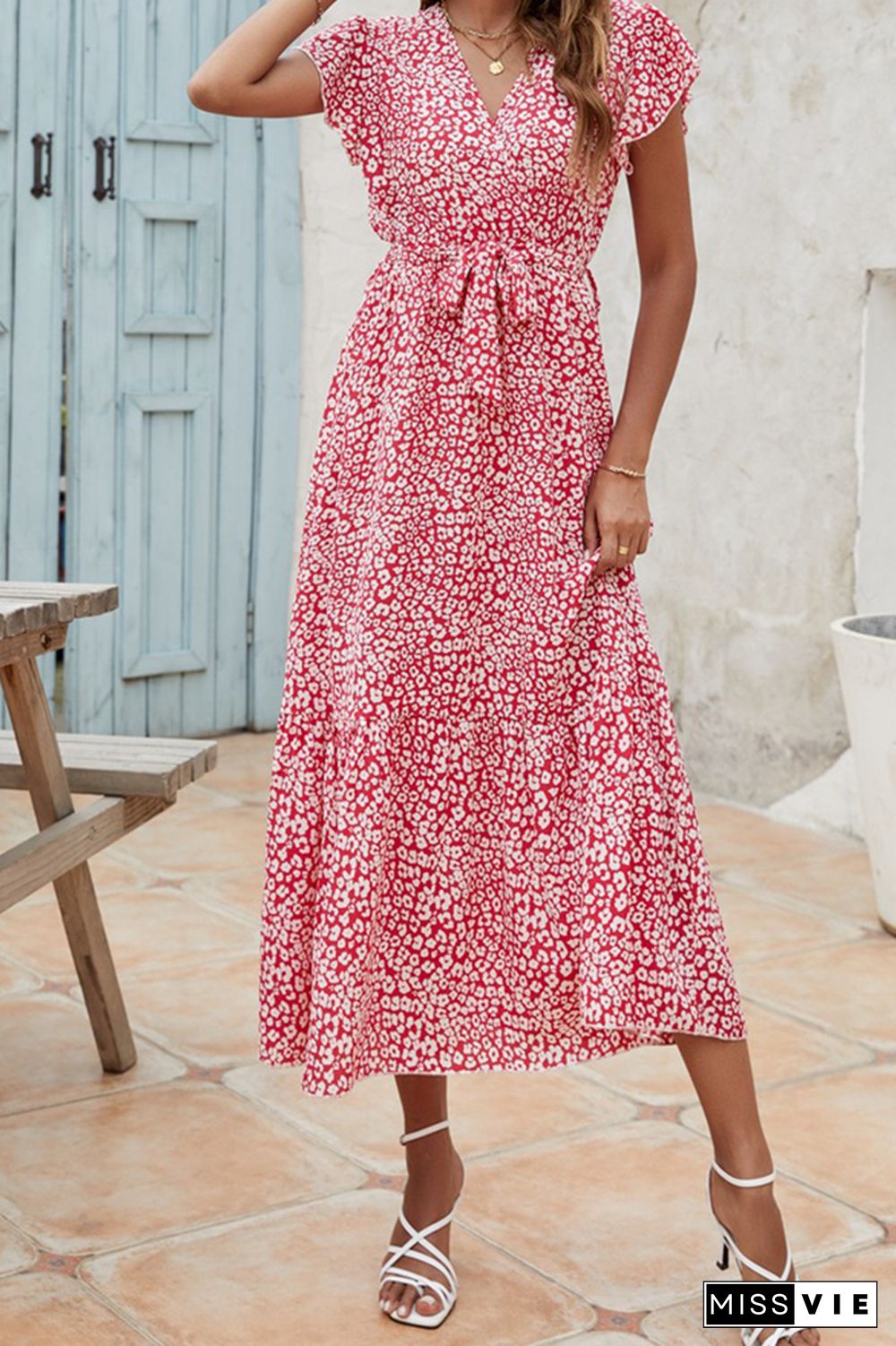 Floral Print Short Sleeve V Neck Long Dress Wholesale