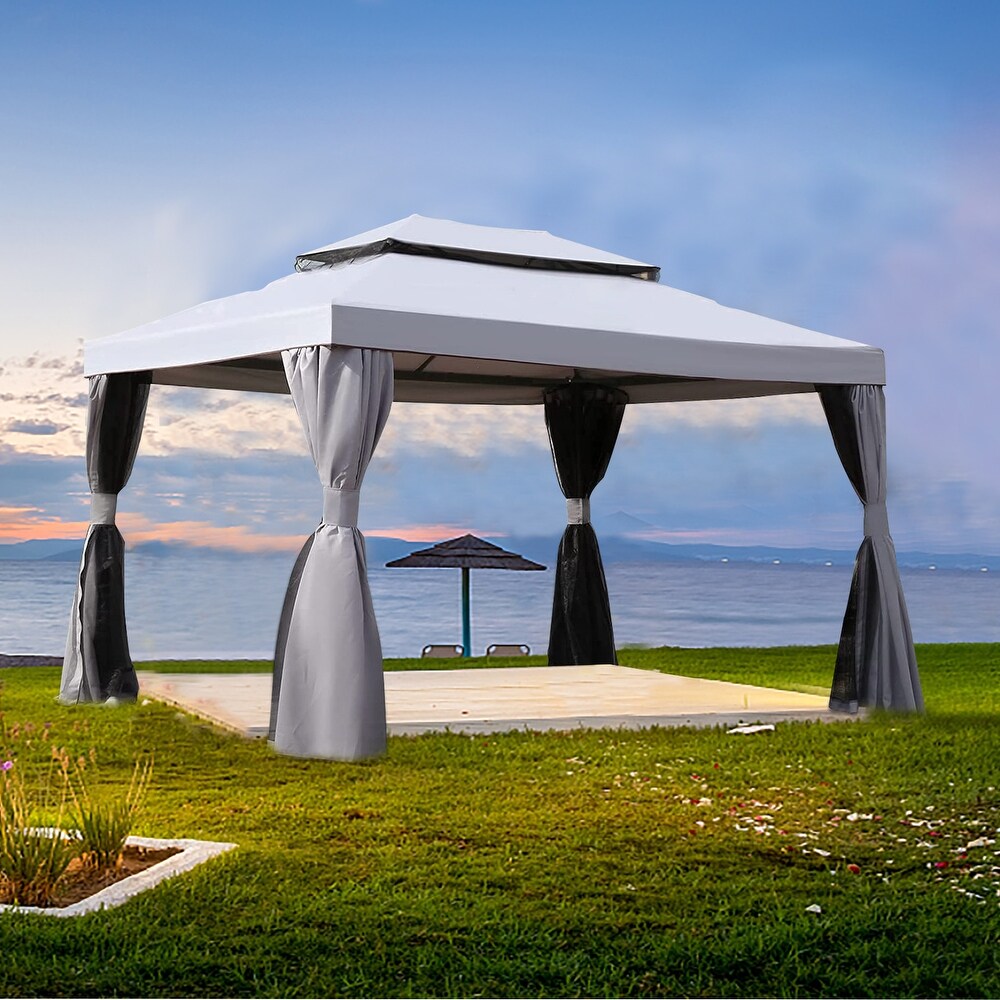 10 ft. x 13 ft. Gray and Black 2 Tone Steel Gazebo with Mosquito Netting and Shade Curtains