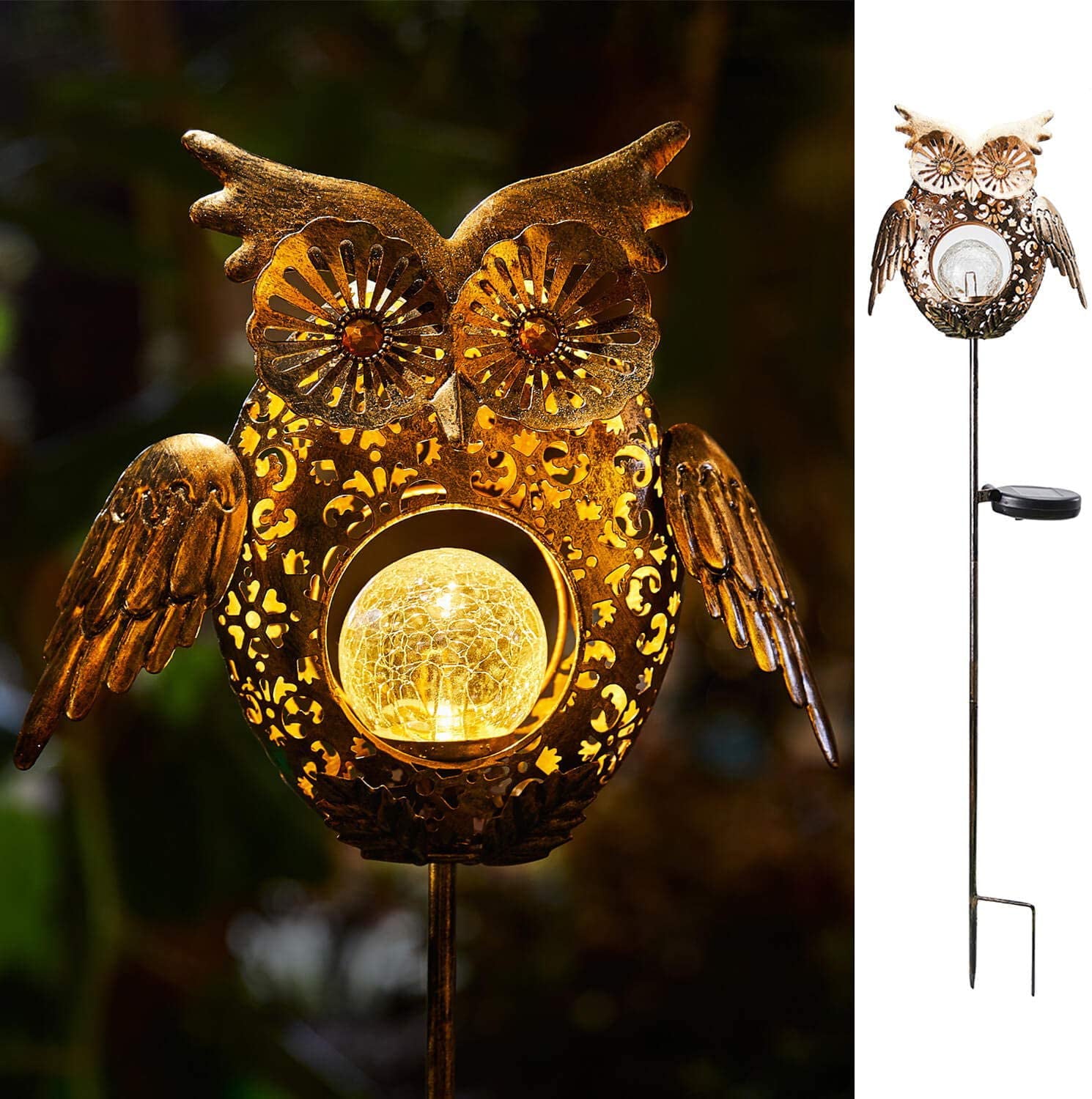 Singingarden Owl Solar Garden Lights LED Metal Outdoor Decor Solar Pathway Lights for Patio， Lawn，Yard， Walkway(Bronze)