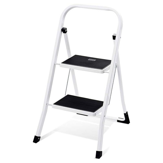 Delxo Non slip 2 Step Stool Folding Sturdy Steel Wide Step Ladder With Hand Grip And Locking Mechanism For Indoor Household Kitchens White