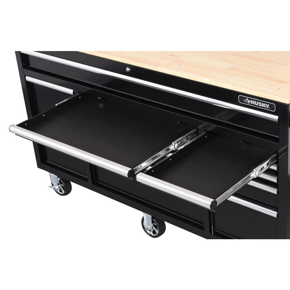 Husky 62 in. W x 20 in. D 12-Drawer Gloss Black Mobile Workbench Cabinet with Solid Wood Top and Power Drawer H62MWC12BLK