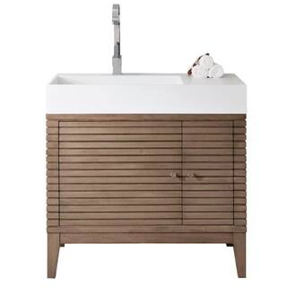 James Martin Vanities Linear 35.5 in. W x 19 in.D x 34.5 in. H Single Bath Vanity in Whitewashed Walnut with Solid Surface Glossy White Top 210-V36-WW-GW