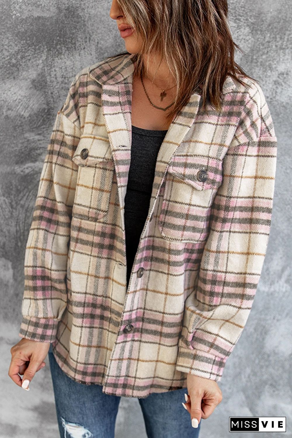 Pocketed Button-up Long Sleeve Plaid Jacket