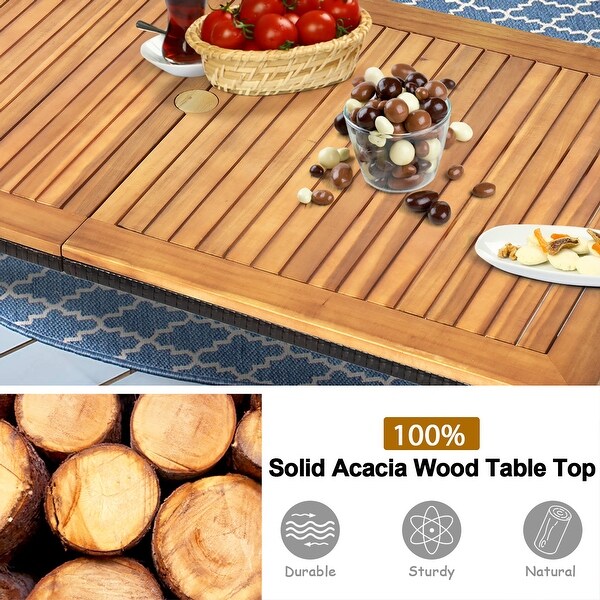 Costway 7 PCS Patio Rattan Dining Set Acacia Wood Table Top Stackable