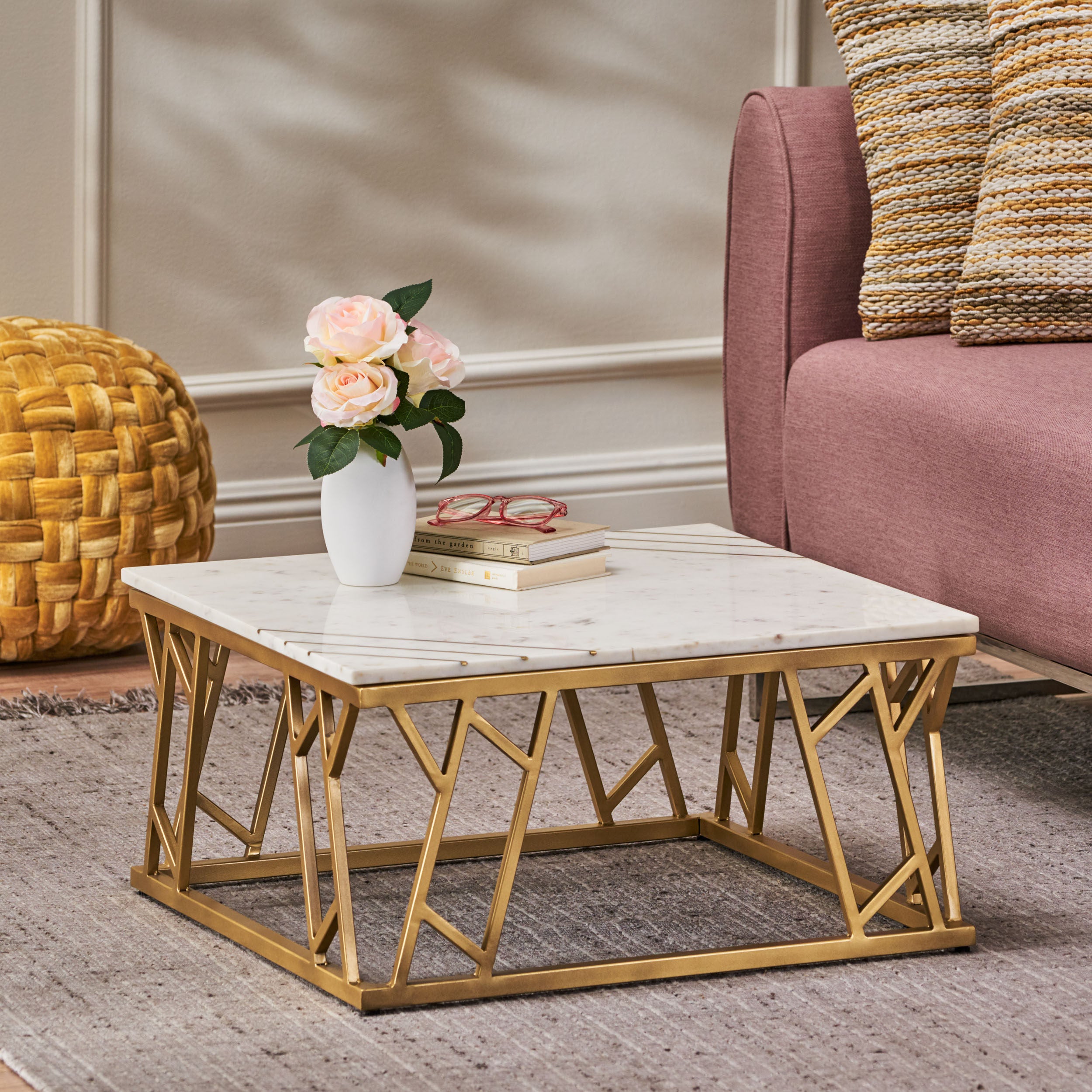 Wessor Modern Glam Handcrafted Marble Top Coffee Table with Brass Inlay, White and Gold