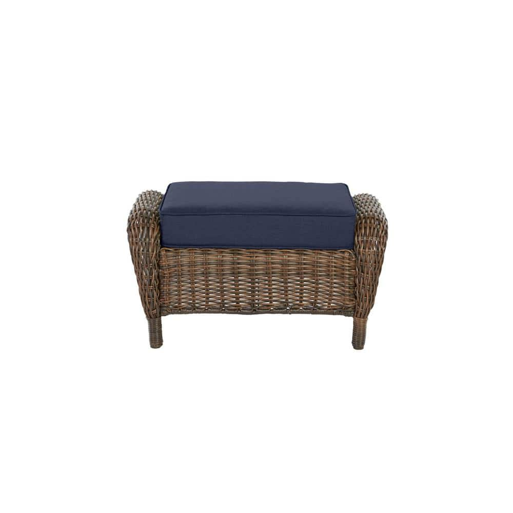 Hampton Bay Cambridge Brown Wicker Outdoor Patio Ottoman with CushionGuard Midnight Navy Blue Cushions 65-17148B2