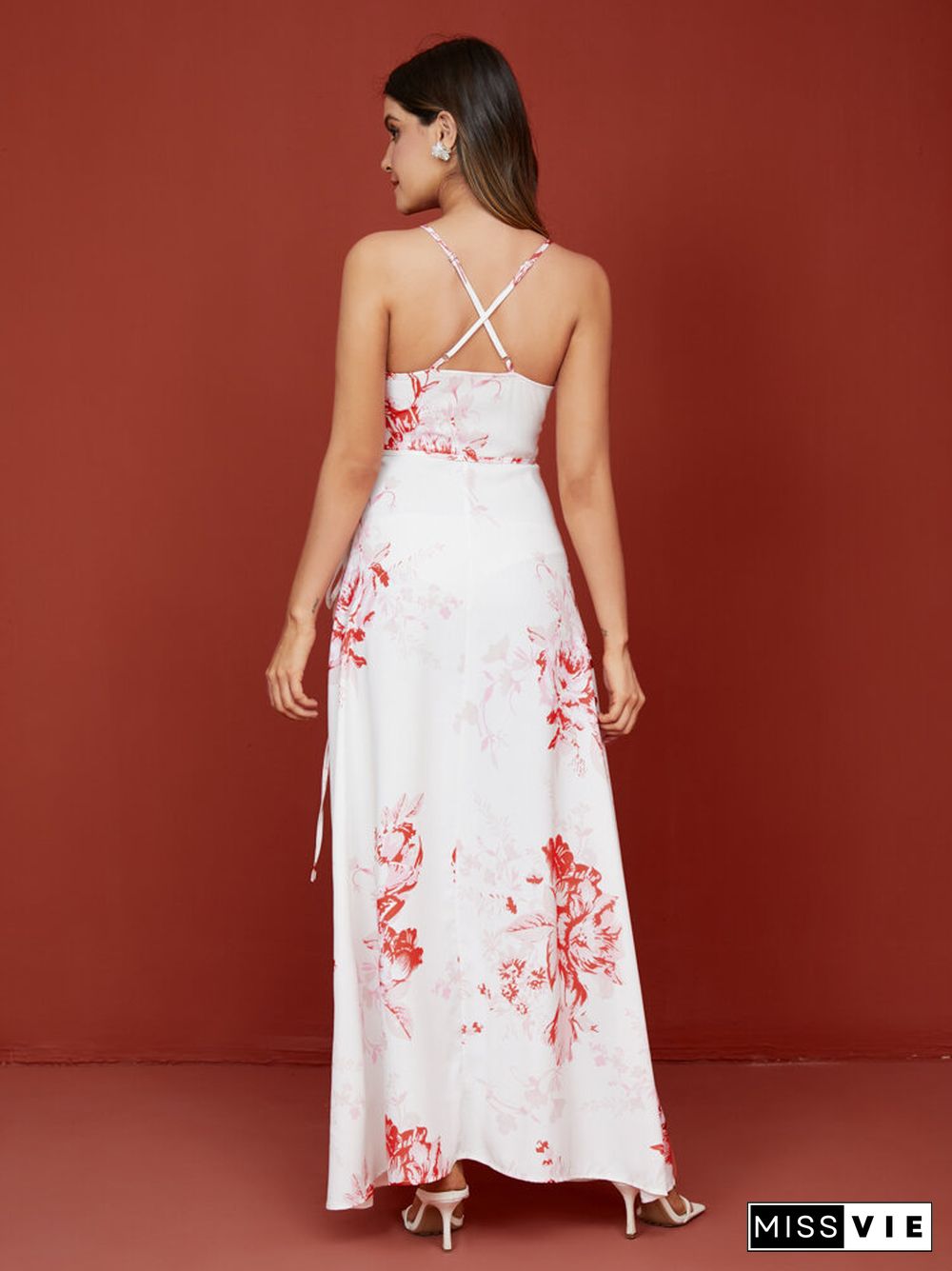 Flower Print Wrap Open Back Criss-cross Slit Maxi Dress