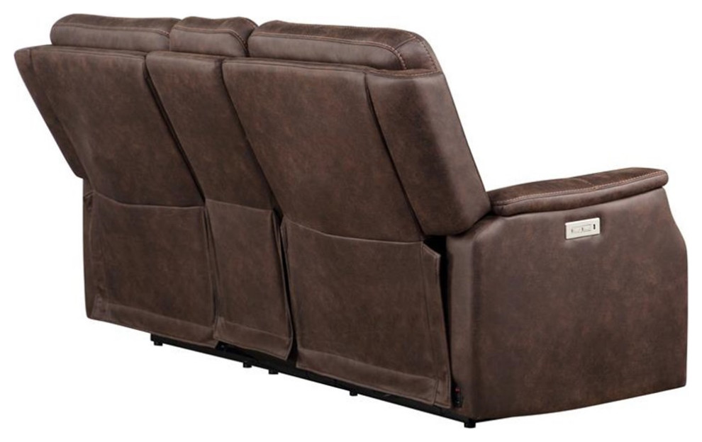 Bowery Hill Faux Leather Dual Power Reclining Console Loveseat in Mahogany   Contemporary   Loveseats   by Homesquare  Houzz